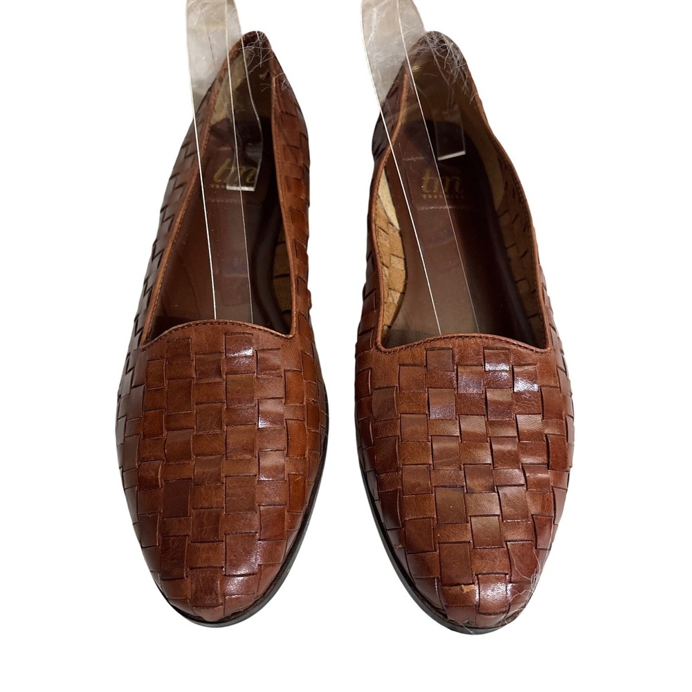 Thom McAn Womens Woven Leather Loafers Cognac Brown Made in Brazil Size 6.5 2110